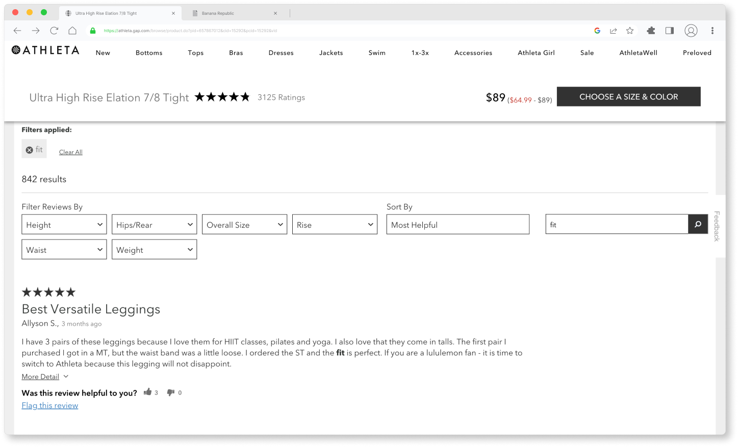 Athleta Power Reviews with search for fit
