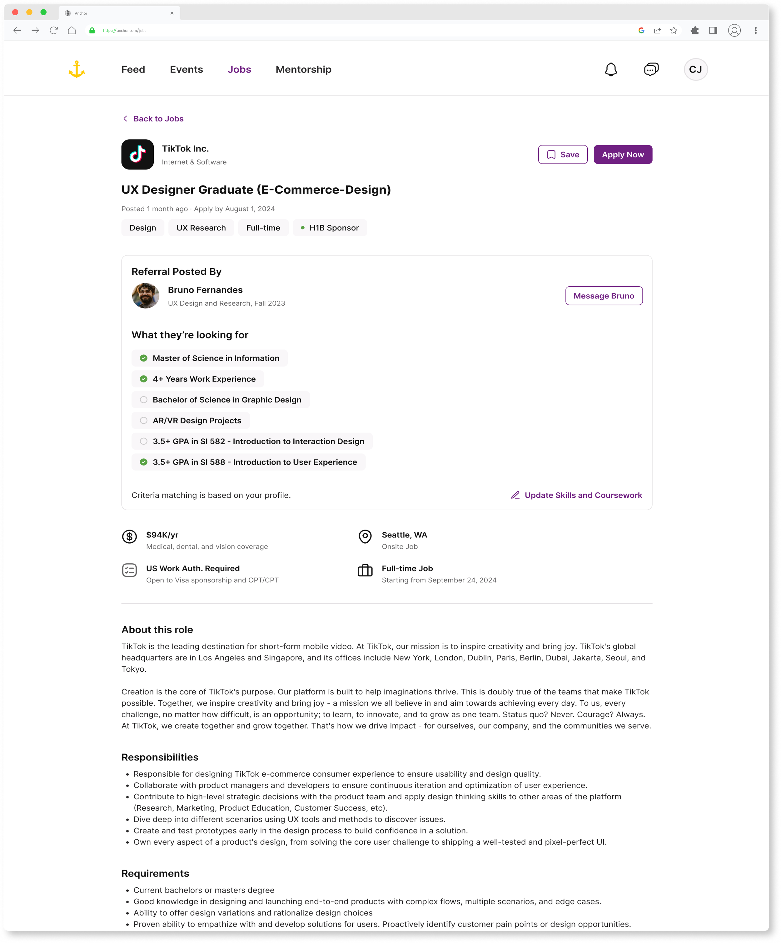Anchor application tracker mockup